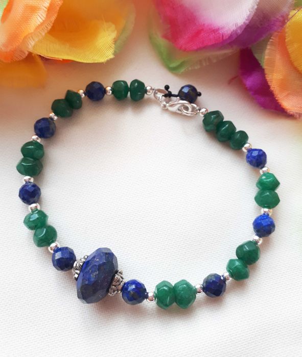 Bransoletka z kamieni naturalnych -  lapis lazuli, szmaragd