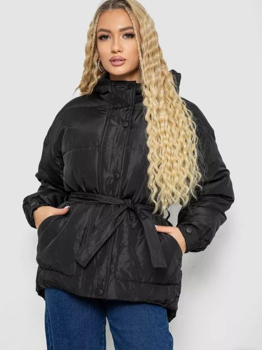 Куртка жіноча демісезонна з поясом, колір чорний