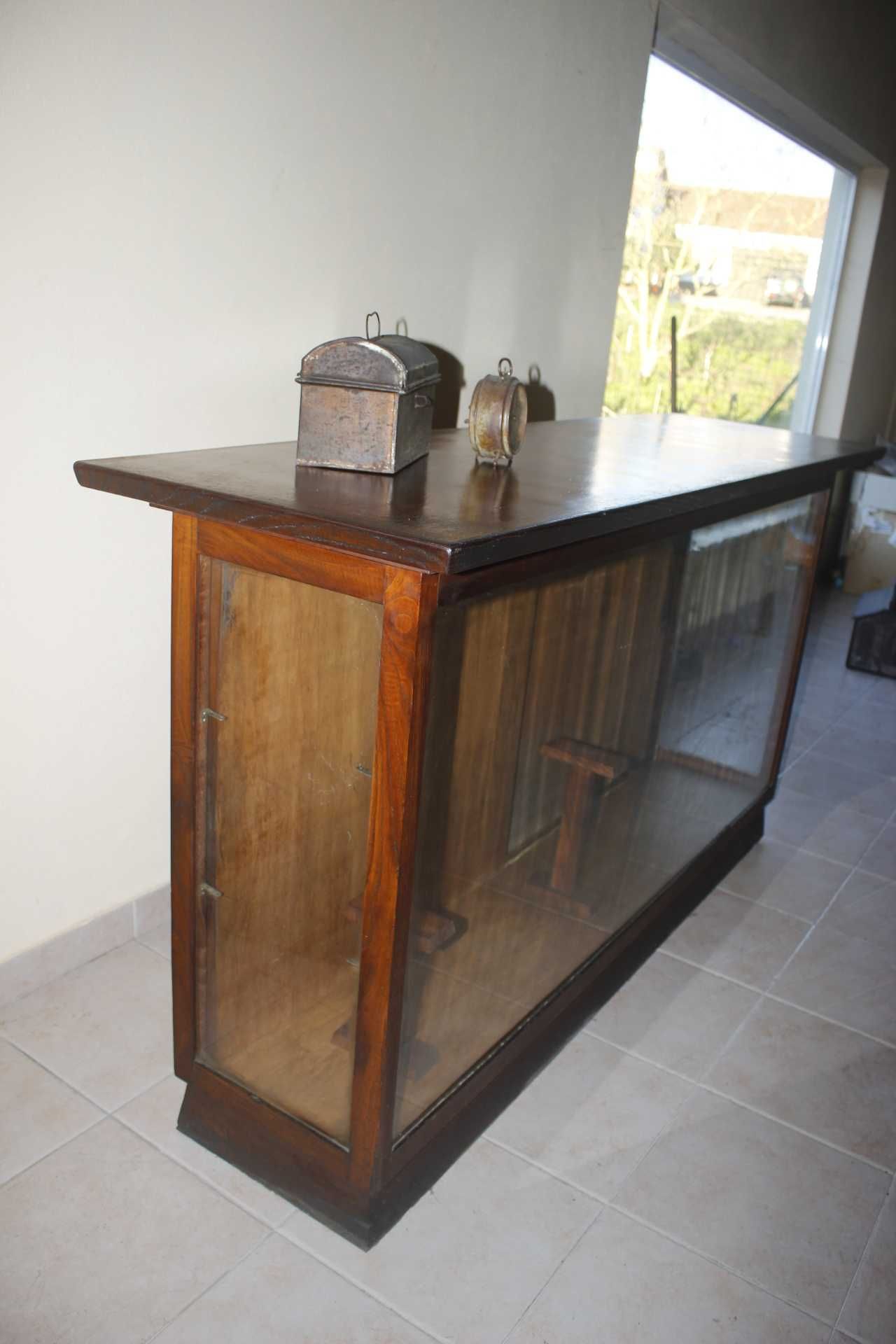 Balcão de Loja-Antigo madeira vidro portas de correr-Vitrine-Expositor