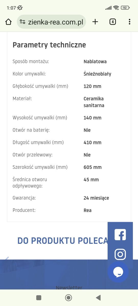 Umywalka nablatowa Rea Cleo 61 biała