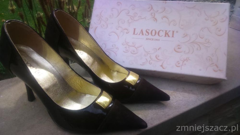LASOCKI Nowe brązow-złote szpilka szpilki nr39 buty lakierki