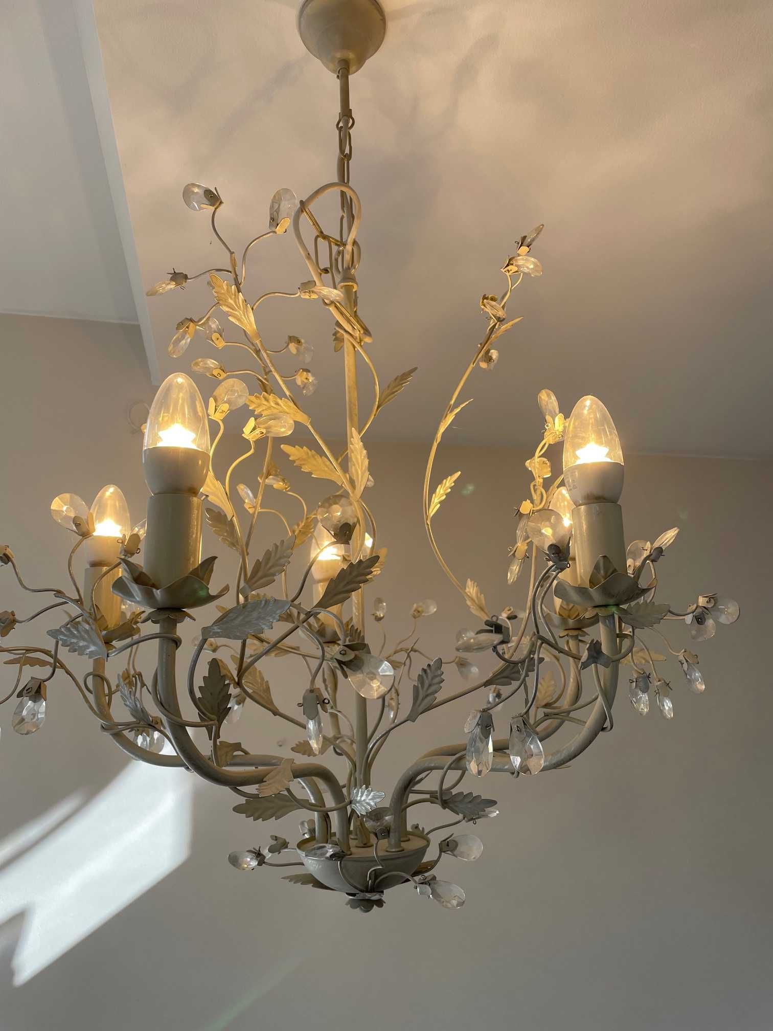 Lampa wisząca 5 X E14 ramienna żyrandol KREMOWO SREBRNA Z KRYSZTAŁAMI