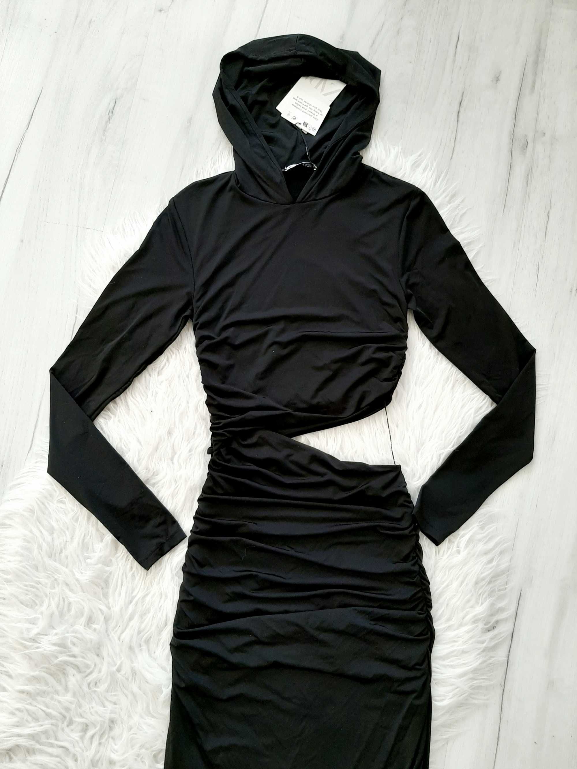ZARA piękna marszczona czarna długa sukienka XS 34