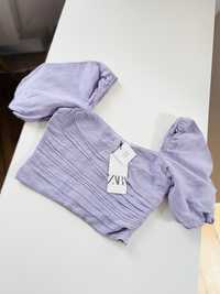 Bluzka Zara z lnem xs fioletowa bufki nowa