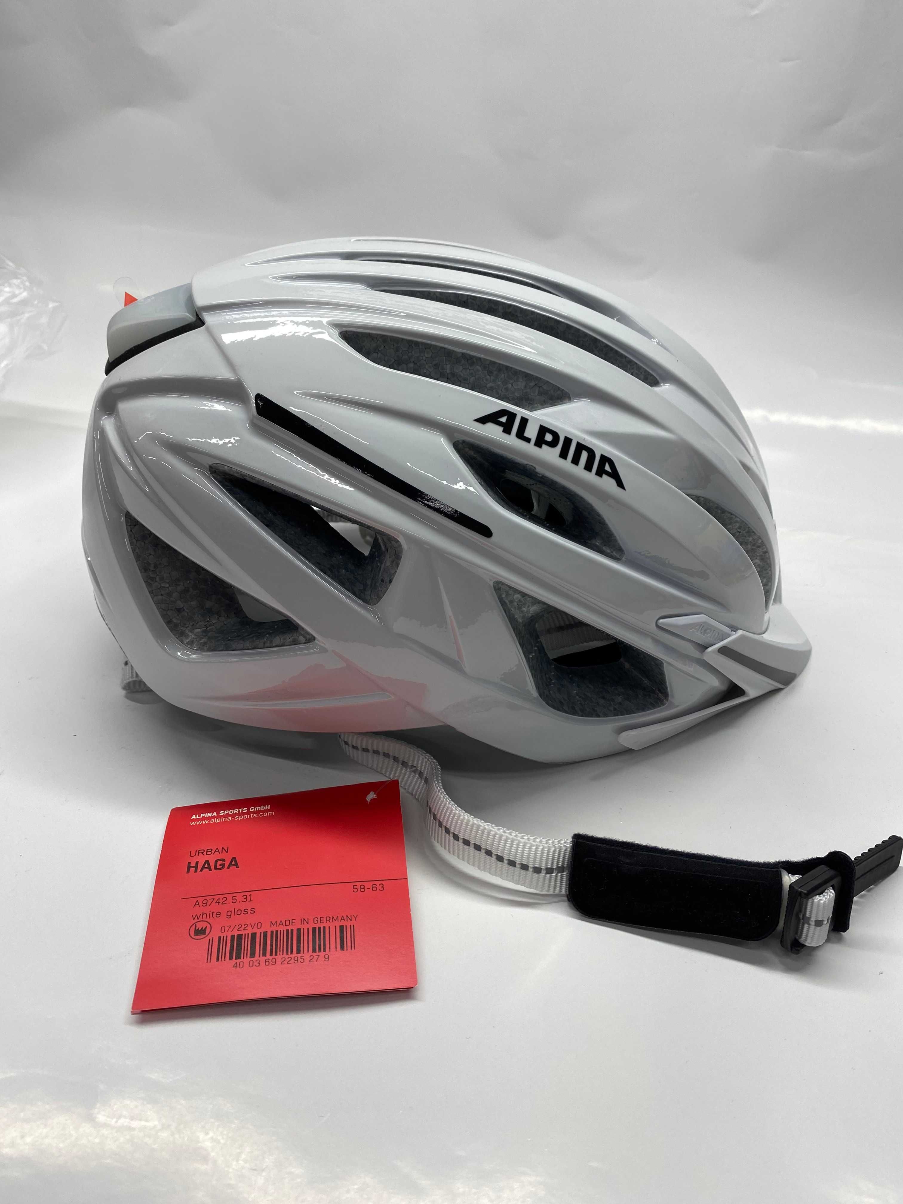 Alpina Haga kask rowerowy biały połysk z lampką 58-63 cm nowy