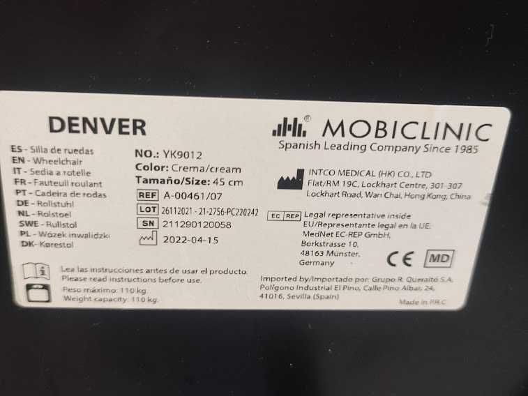 Mobiclinic Denver Składany wózek inwalidzki Siedzisko 46 cm max 110 kg