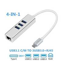 Adaptador Rede USB/ Type C p/ RJ45 100/ 1000Mbps Gigabit c/ HUB 3xUSB