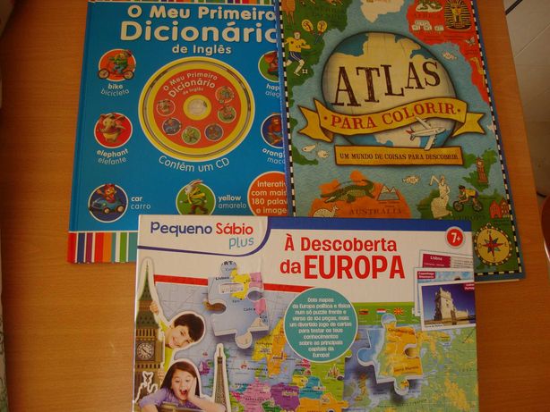 Livro de inglês, puzzle da Europa, atlas para colorir