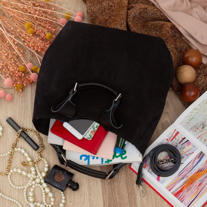 VERA PELLE torebka damska zamszowa shopper duża z paskiem V680 czarna