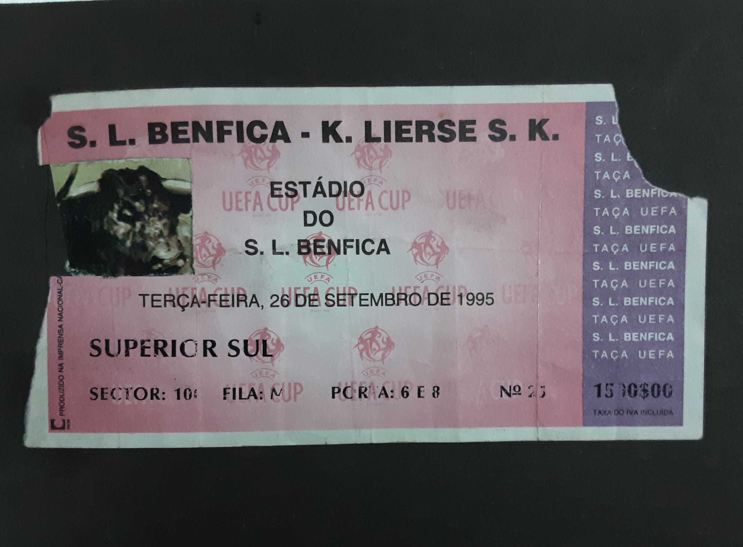 Bilhete S. L. Benfica vs. K. Lierse S. K. - 1995 - TAÇA UEFA