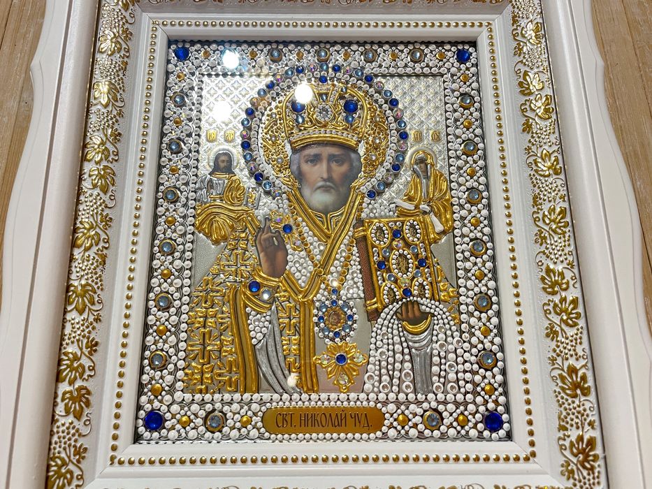 Ікона Св. Миколай. Икона Св. Николай. Ручна робота з стразами.