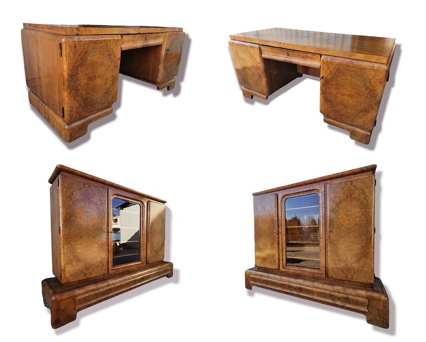 Komplet gabinetowy Art Deco z 1930 roku. Biurko i biblioteka.