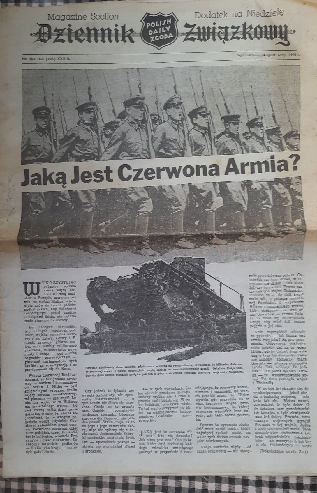 GAZETa "DZIENNIK ZWIĄZKOWY"  Z  3 sierpnia 1940 r.