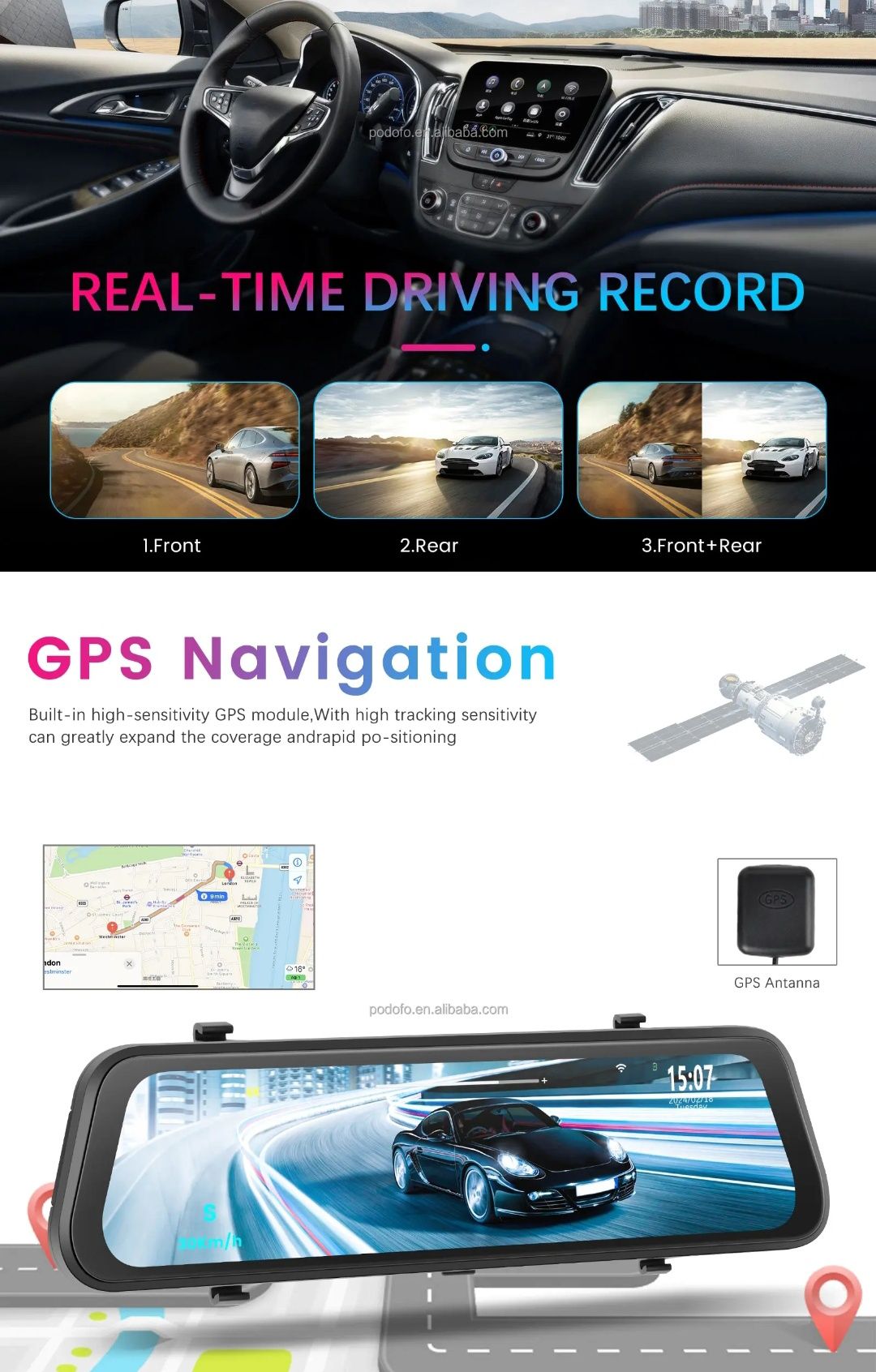 Espelho retrovisor 9,66 polegadas DashCam com 2 Câmaras 4K HD DVR NOVO