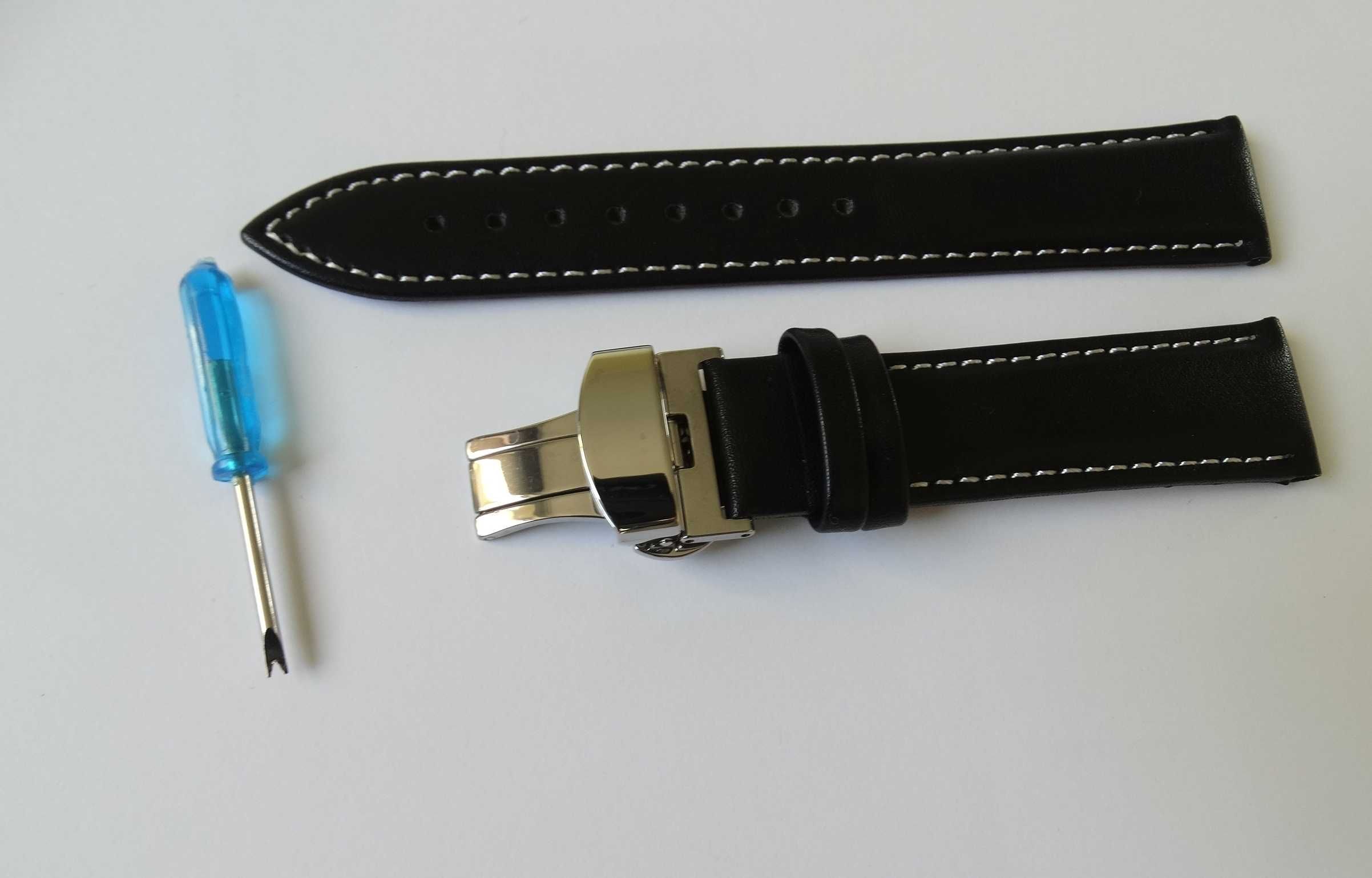 Pasek skórzany czarny gładki 20mm klamra zapięcie motylkowe do zegarka
