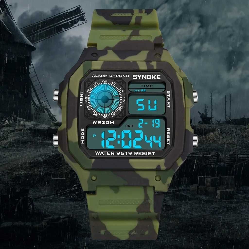 Wojskowy kamuflaż zegarek Synoke męski elektroniczny cyfrowy LED camo