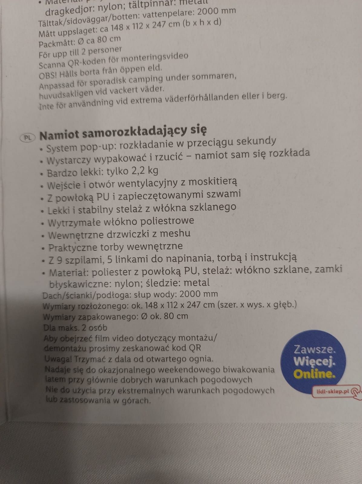 Namiot 2 osobowy samo rozkładający się Crivit