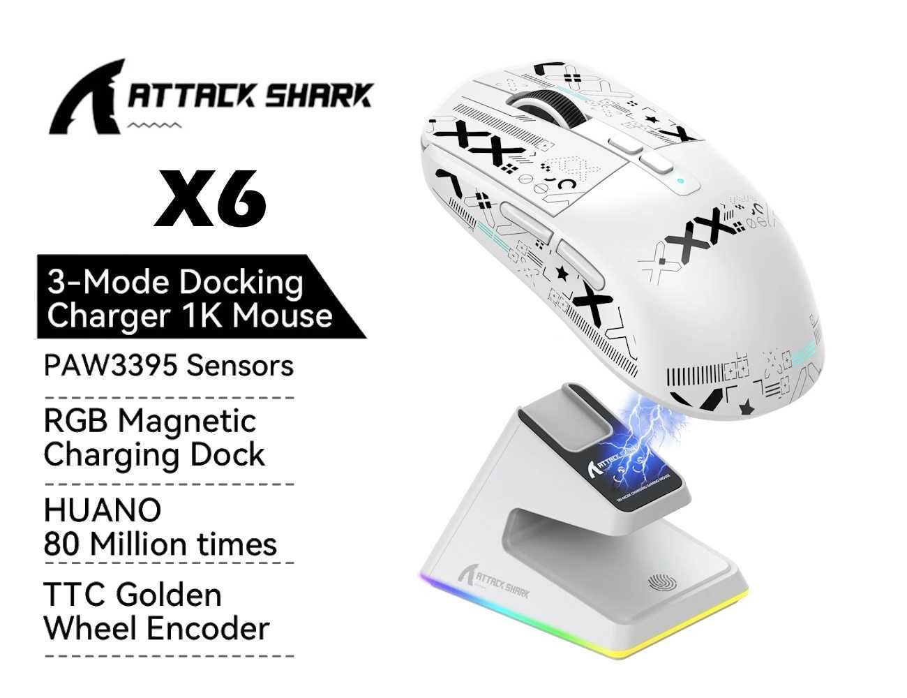 Игровая мышь Attack Shark X6 PAW3395 с зарядной базой Bluetooth White