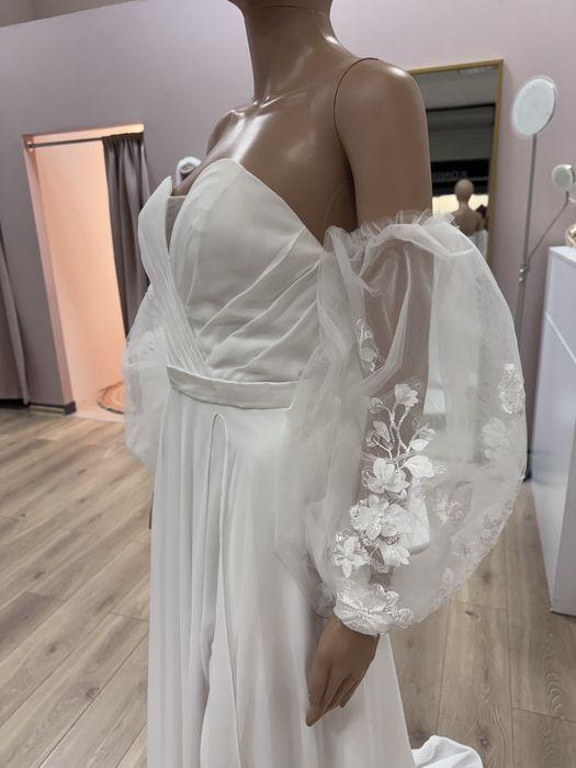 Nowa muślinowa sunia ślubna z gorsetem i bufkami gładka boho 38