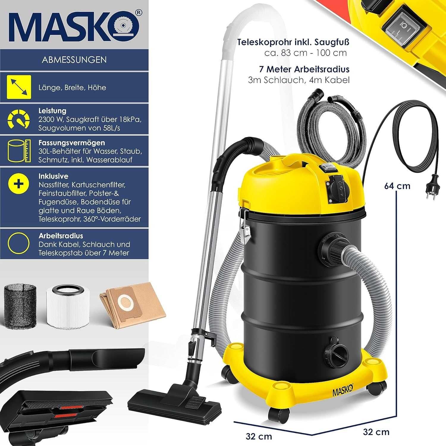 Odkurzacz przemysłowy MASKO /pionowy / na mokro i sucho / 2300W !4450!