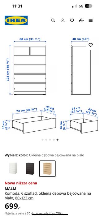 Komoda Ikea Malm okleina dębowa 6 szuflad z szybą na blat