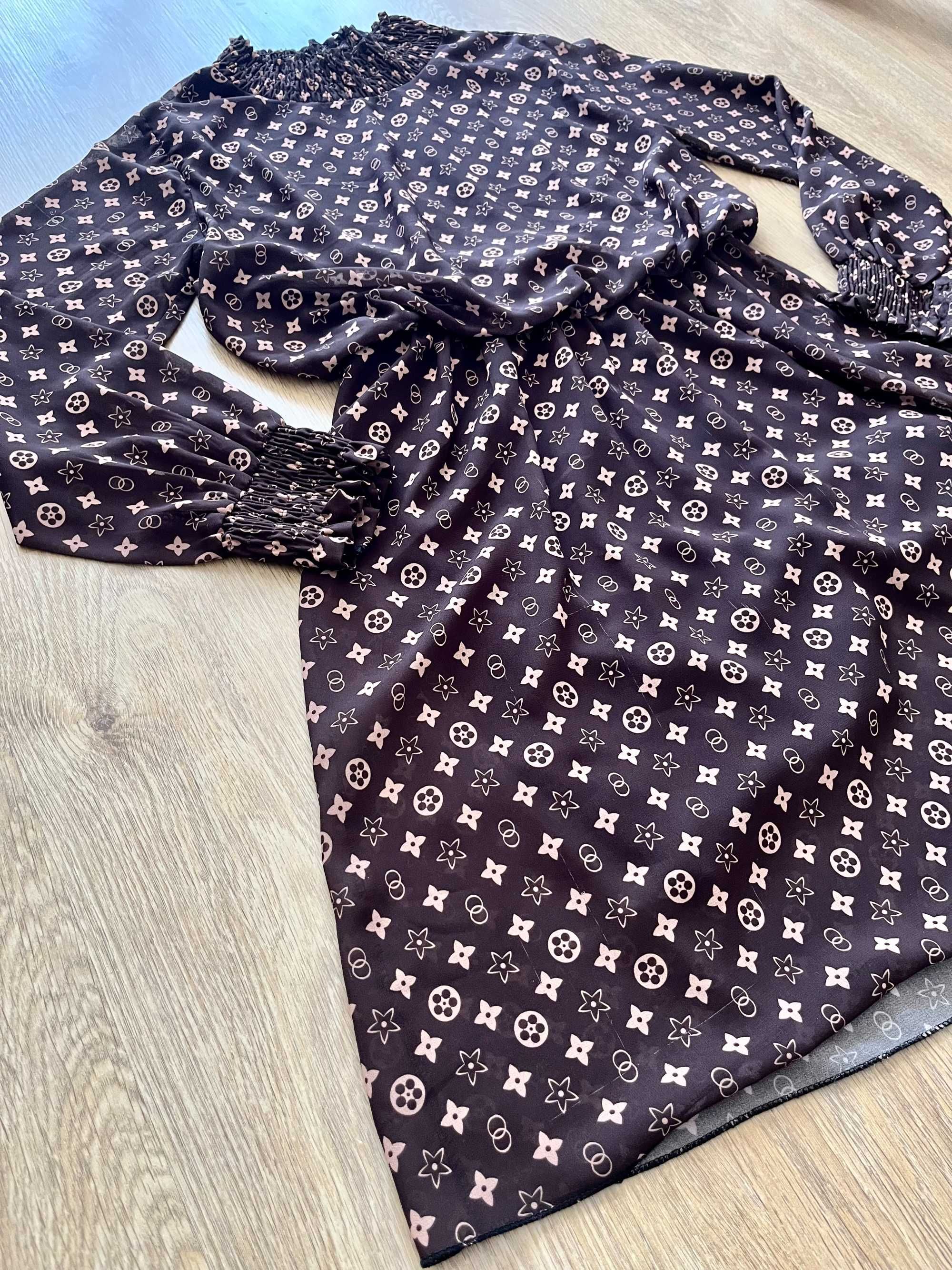 Sukienka długi rękaw luźna taliowana print wzorki brązowa butik casual