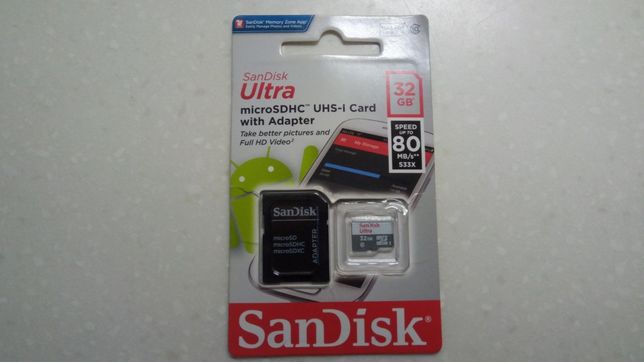 Карта micro SD Sandisk Ultra 32 GB + SD адаптер.