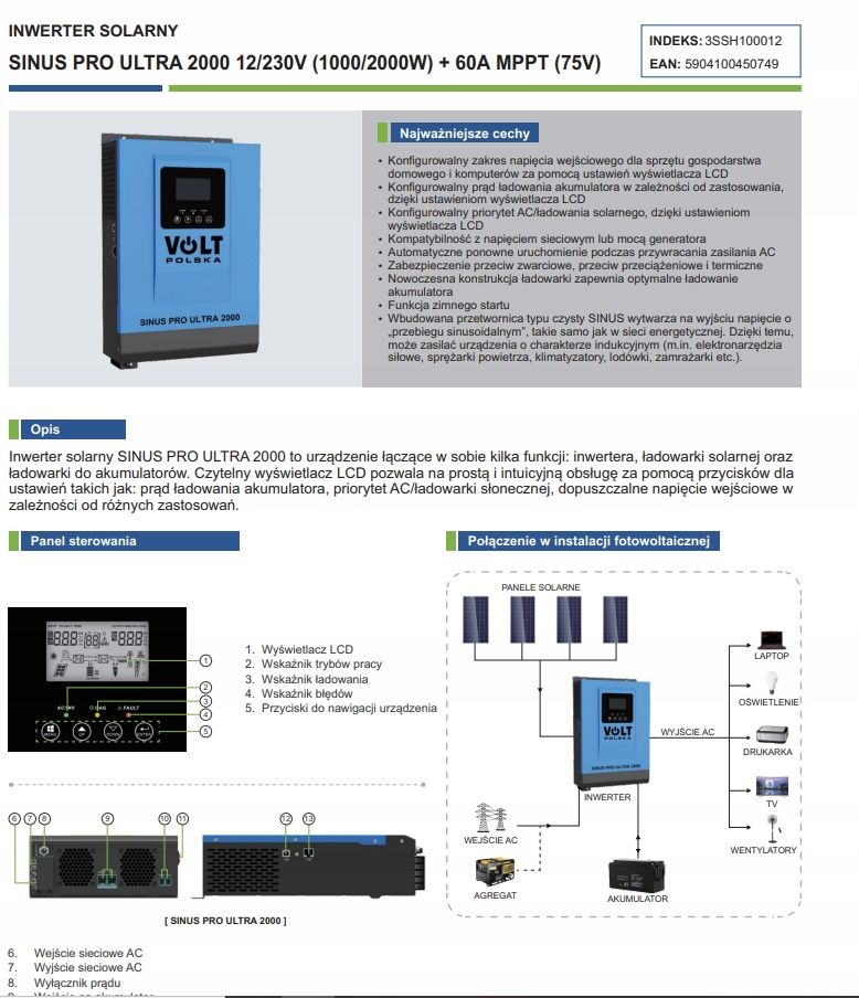 Inwerter Solarny Sinus Pro Ultra 2000 + 60Mppt Reg