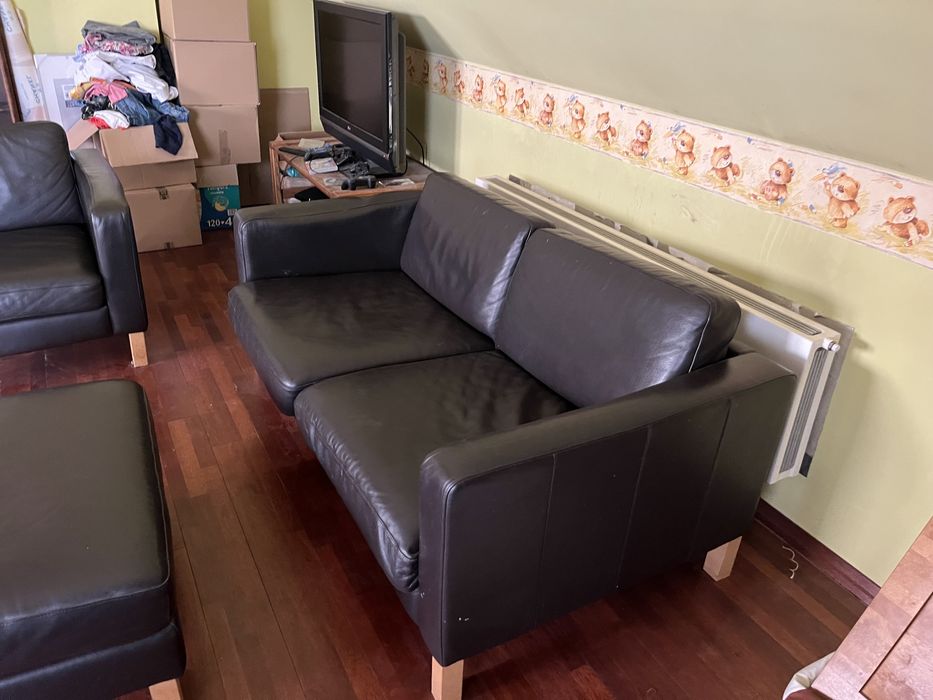 Ikea komplet wypoczynkowy ze skory naturalnej sofa, fotel i podnozek