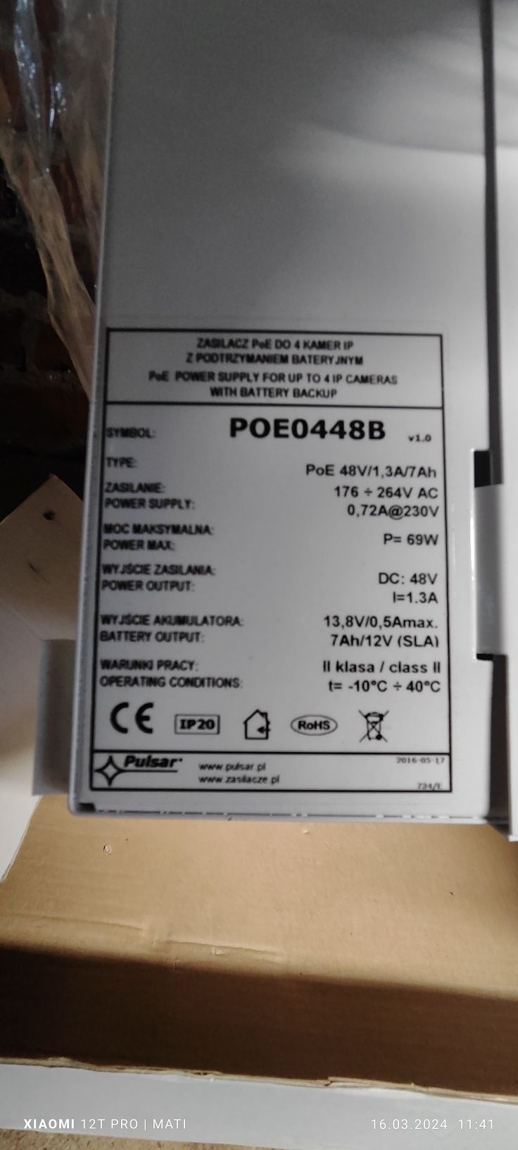 POE0448B - Zasilacz PoE 48V/1,3A/7Ah do 4 kamer IP