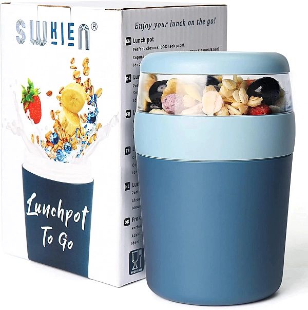 Kubek na lunc, musli, jogurt izolowany z łyżką do pracy 750 ml Niebies