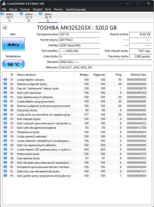 Dysk twardy 2,5' 320GB Toshiba MK3252GSX - stan bardzo dobry