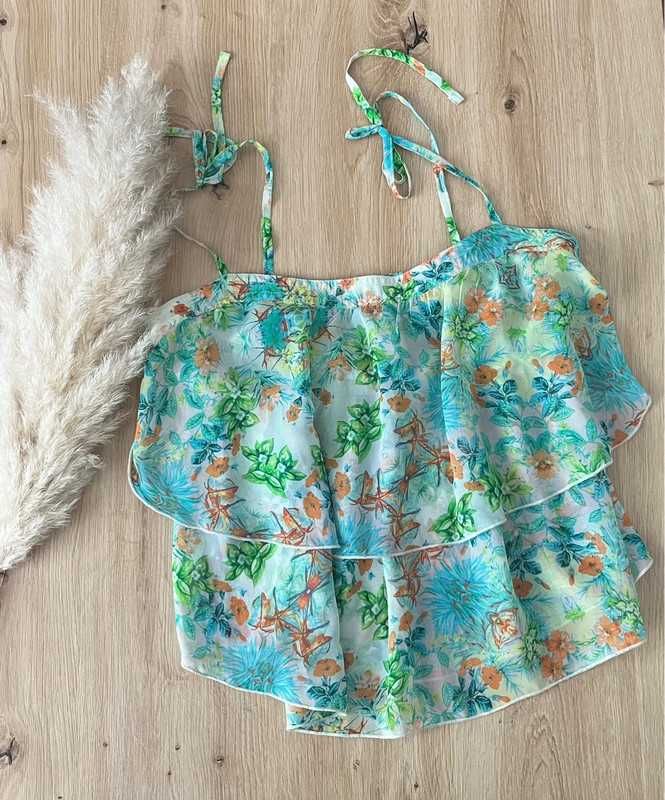 Zielony niebieski letni top w kwiaty na ramiączkach Stradivarius S 36