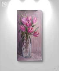 Картина интерьерная (холст, масло) натюрморт с тюльпанами