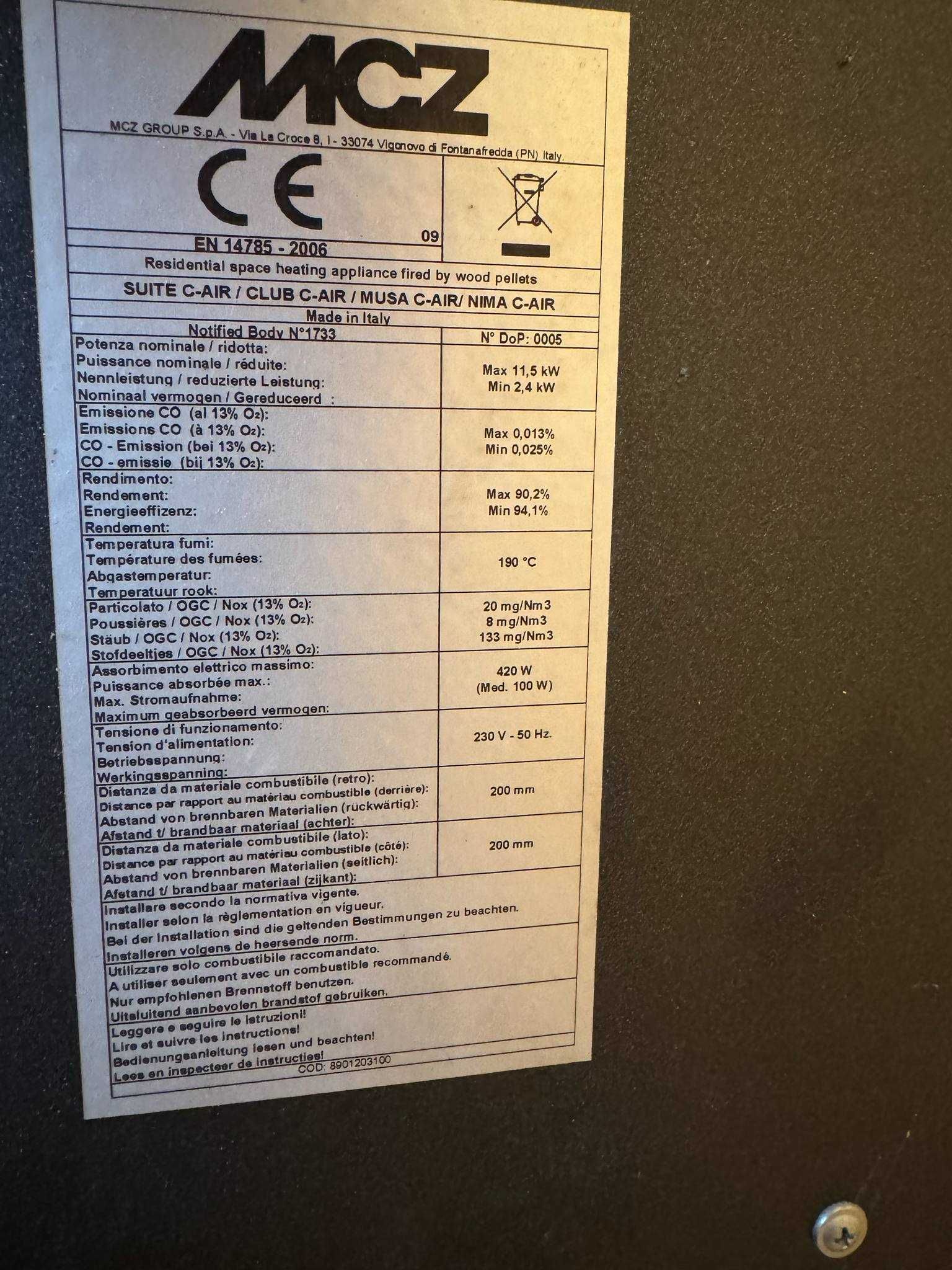 Piec na pellet MCZ kominek 11,5 kW z zasobnikiem automatyczny ŻELIWNY