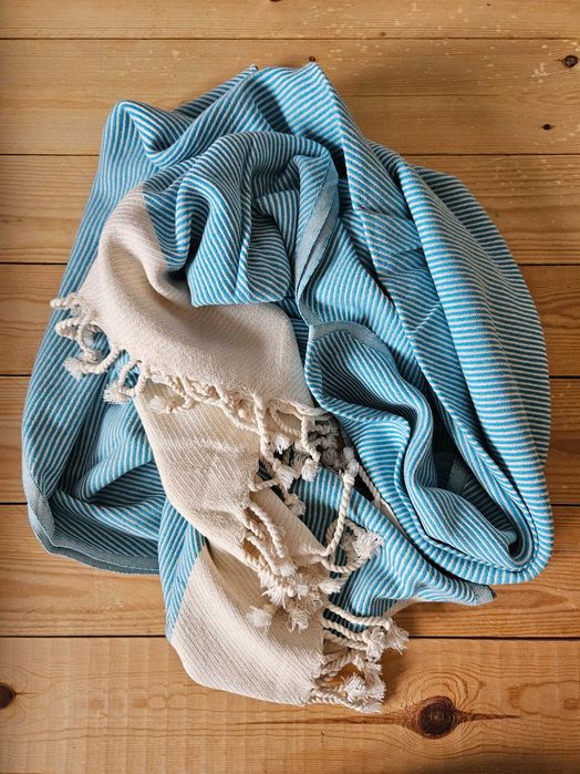 Wielofunkcyjny Bawełniany ręcznik Pestemal 100x180 niebiesko kremowy