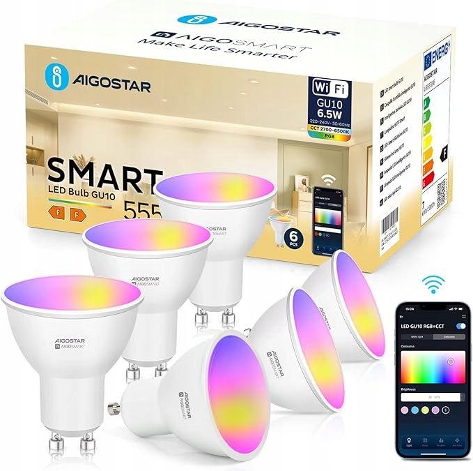 Aigostar Żarówka Alexa GU10 Smart LED 6,5 W Wi-Fi RGBCW K 6 szt