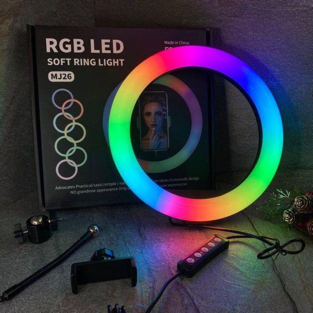 Кільцева світлодіодна лампа RGB LED RING MJ26 26 см із тримачем для те