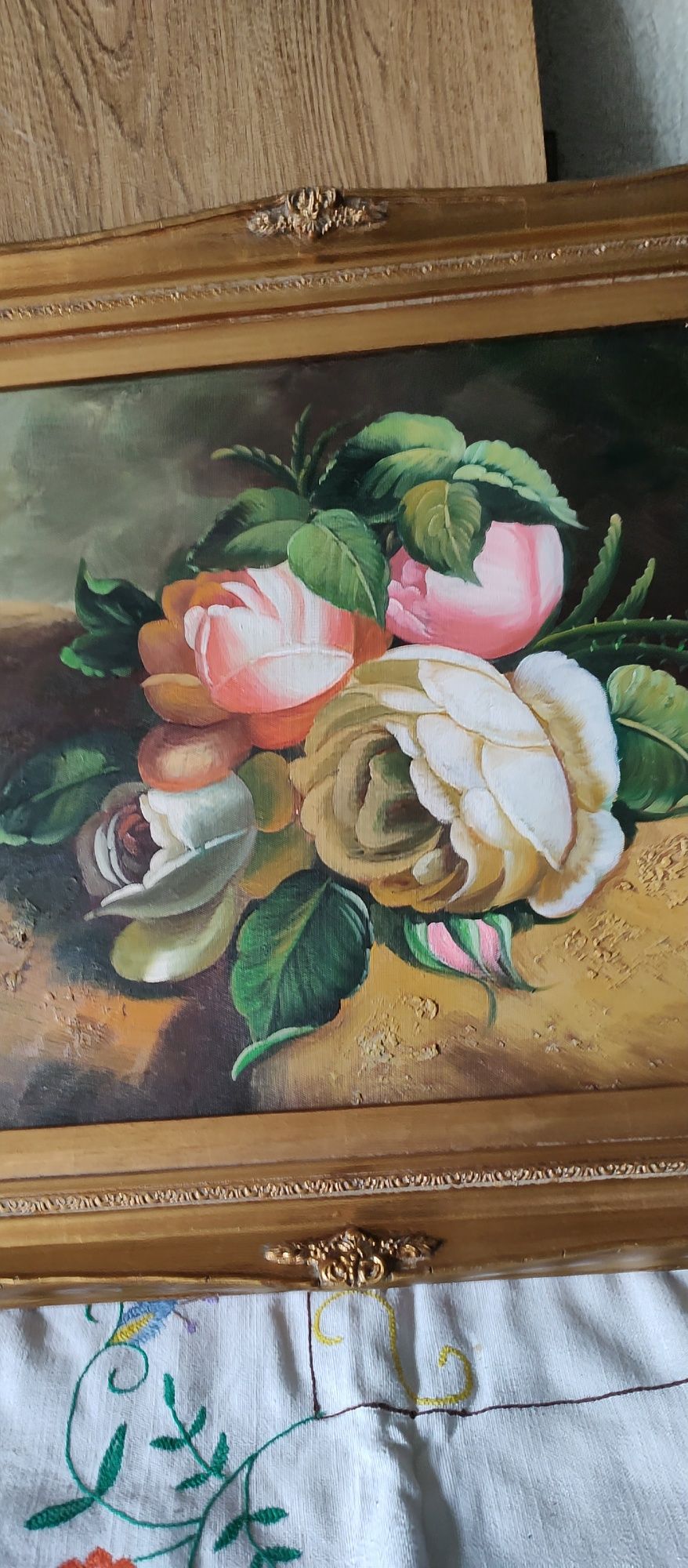 Obraz Płótno Złota Rama Zdobiona Kwiaty Florystyka Antyk Cudo!