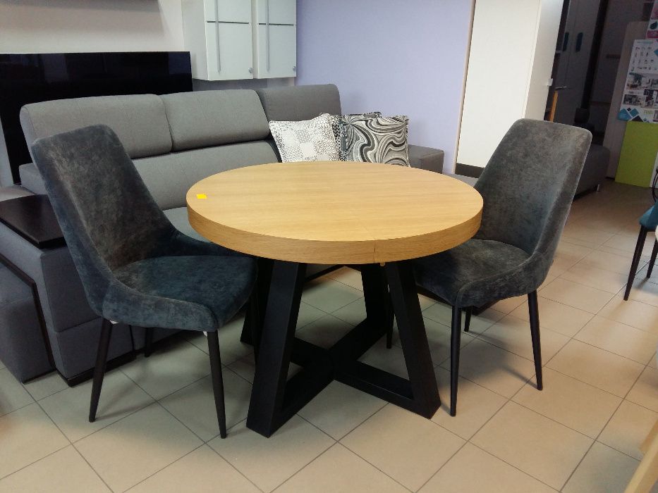 Stół okrągły loftowy dębowy LOFT, krzesła, industrialny noga metalowa.