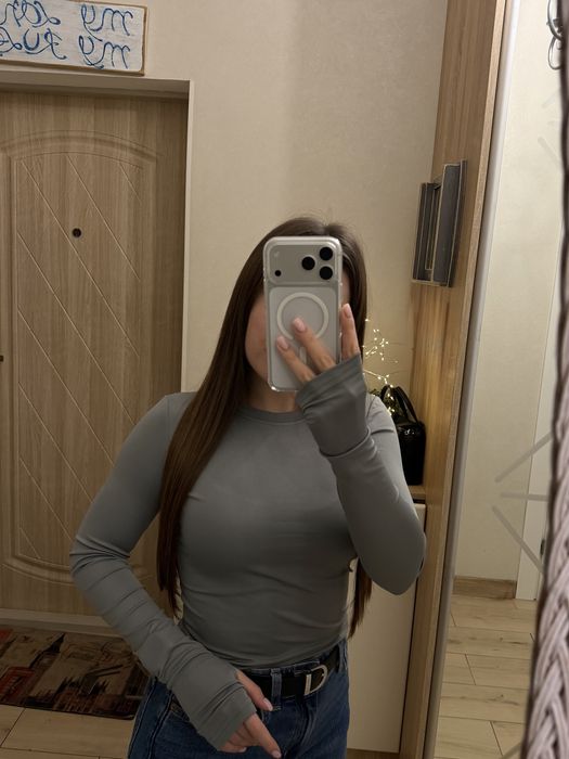 Лонг, кофта, довгий рука, виріз для пальчика, сірий, XS-S