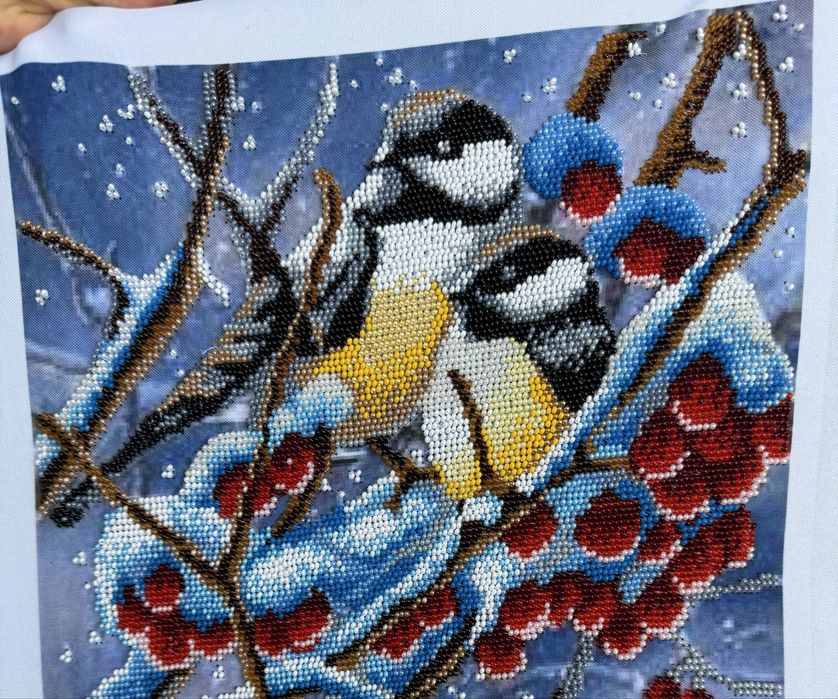 Картина вишита бісером «Синички», ручна робота