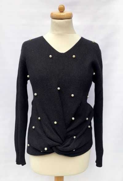 Sweter Czarny Prążki Koraliki S 36
