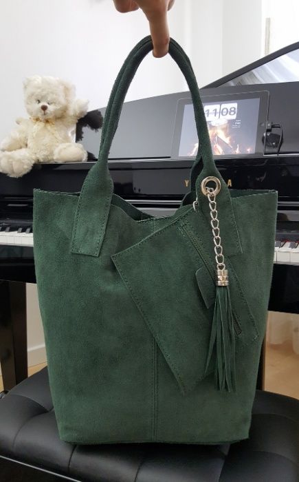 VERA PELLE torebka zamszowa worek shopper z saszetką V093 c.zielona