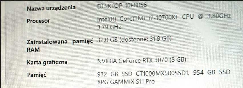 Komputer stacjonarny i7-10700KF / RTX 3070 / 32 GB RAM / 2x 1TB SSD