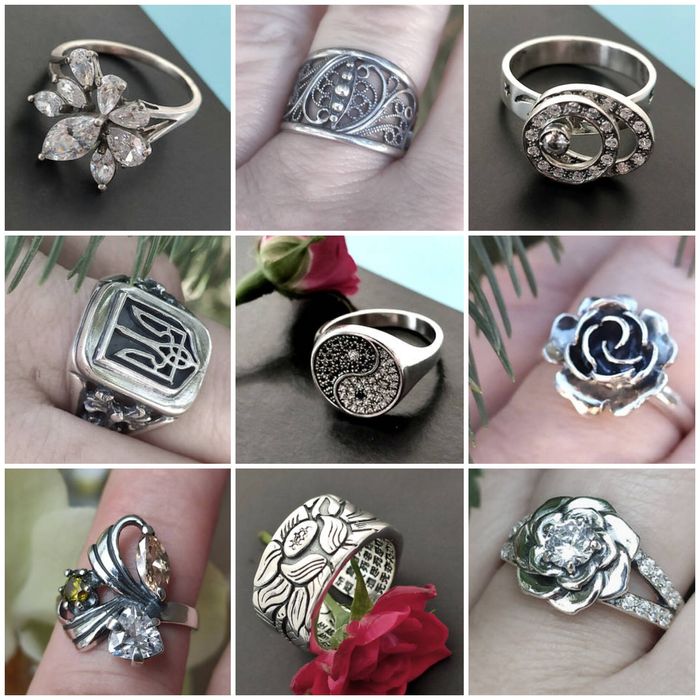 Нові срібні каблучки, 72 дизайни, різні розміри