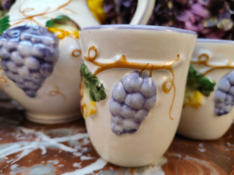 Ręcznie malowany dzbanek z kubeczkami - Liście i kiście winogron