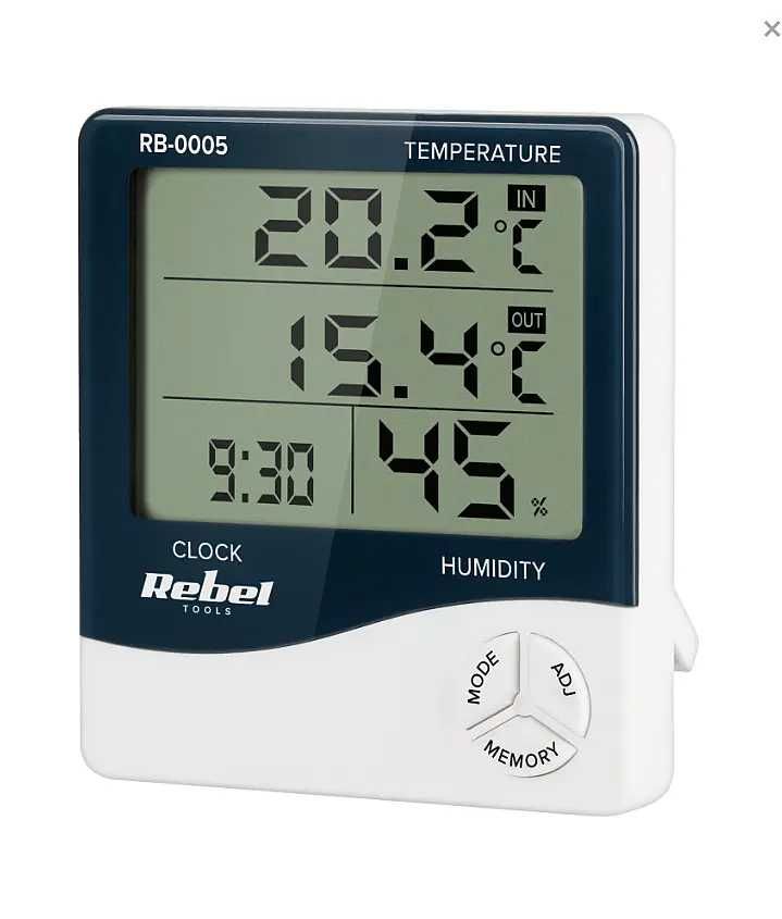Termometr wewnetrzny-zewnętrzny, zegar z alarmem  i inne parametry