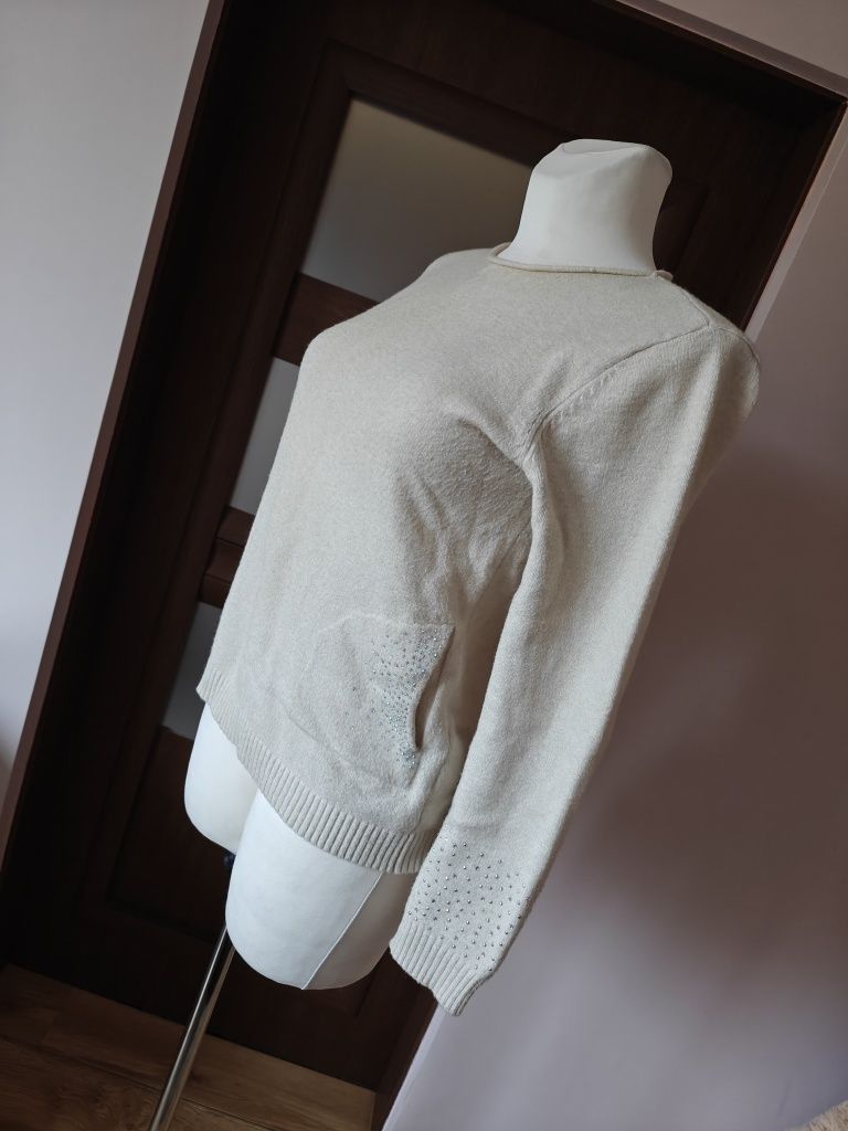 Sweter wełniany wełna merino kaszmir kremowy śmietankowy kryształki M