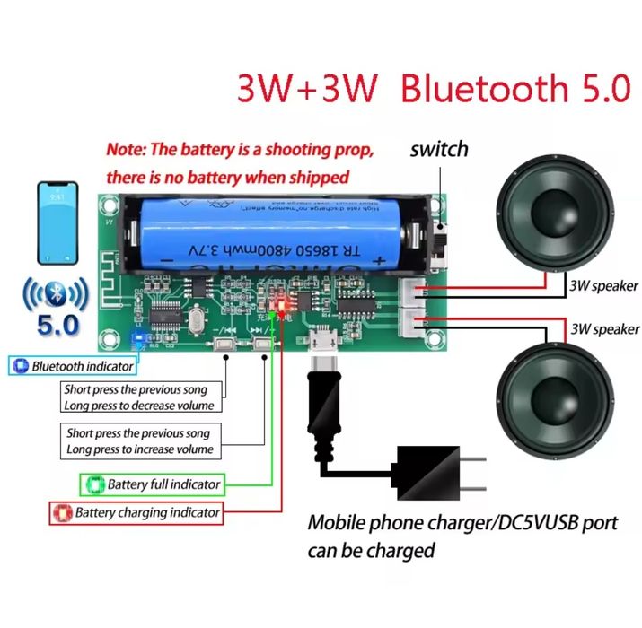 Усилитель мощности звука+Bluetooth 2*3W. PAM8403, холдер 18650. стерео